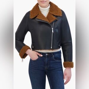 NWT $298 Rebecca Minkoff Faux Shearling Moto Jacket in BLACK/BROWN, X-Small!